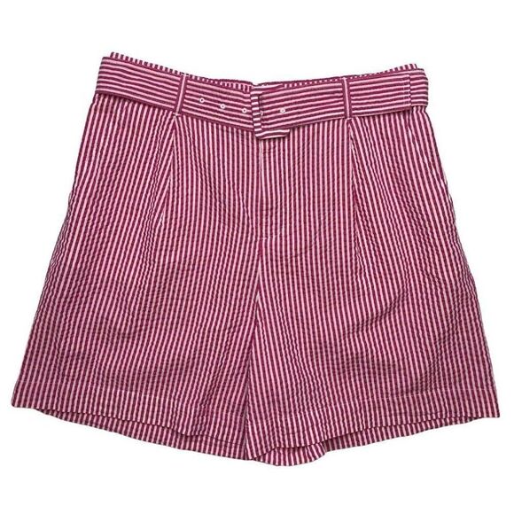 High Rise Belted Shorts Womens XXL Pink‎ White Stripe Elastic Waist Pockets NEW - Picture 1 of 8